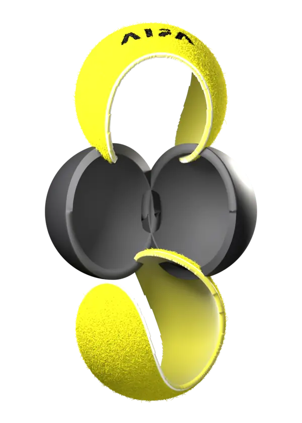 The Yalla taken apart: two felt panels lifted off a hollow rubber core that is split open